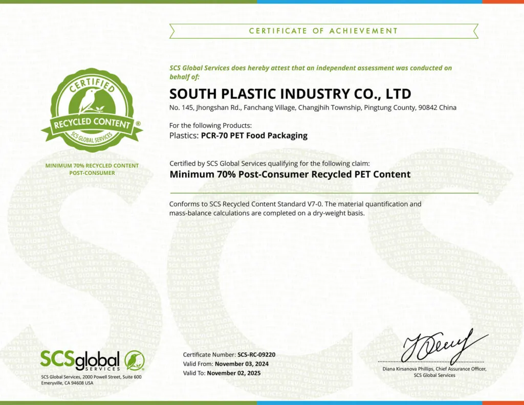 SCS Recycle Content Certified - PCR-70 PET